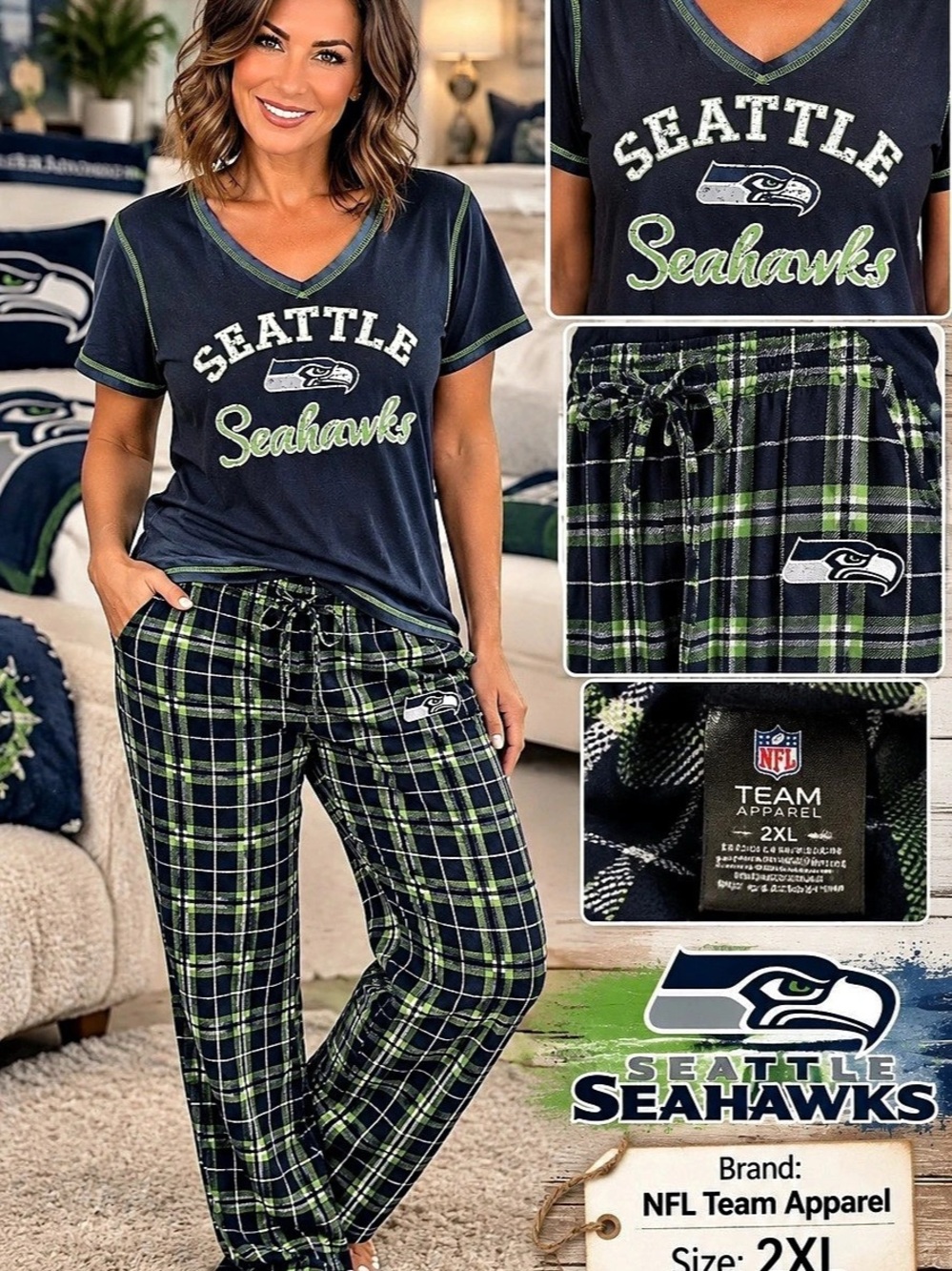 NFL Team Apparel Seattle Seahawks Plaid Lounge Set 2XL